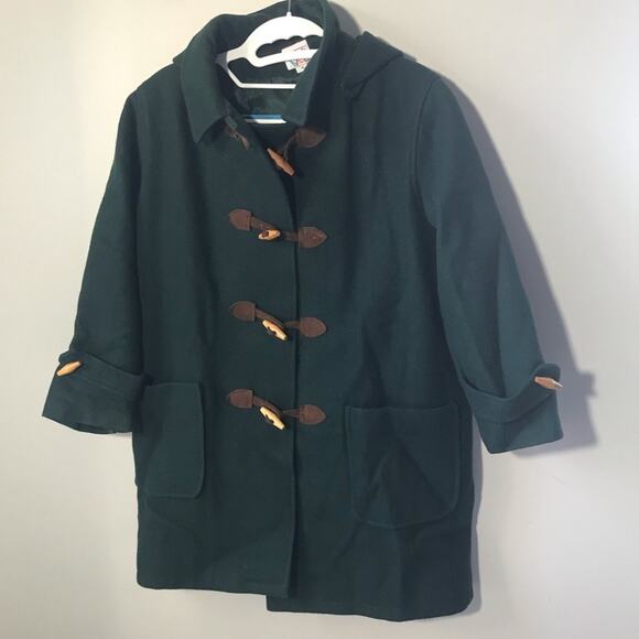 Talbots kids L green wool pea coat detachable tartan plaid hood toggle suede USA